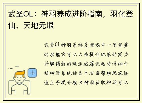 武圣OL:神羽养成进阶指南,羽化登仙,天地无垠
